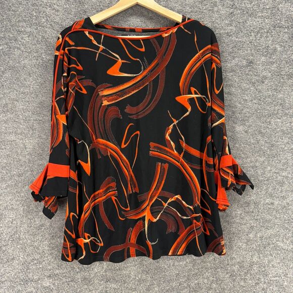 Lior Blouse Women L Large Black Geometric Long Sleeve Round Neck Pullover Casual - Picture 3 of 8